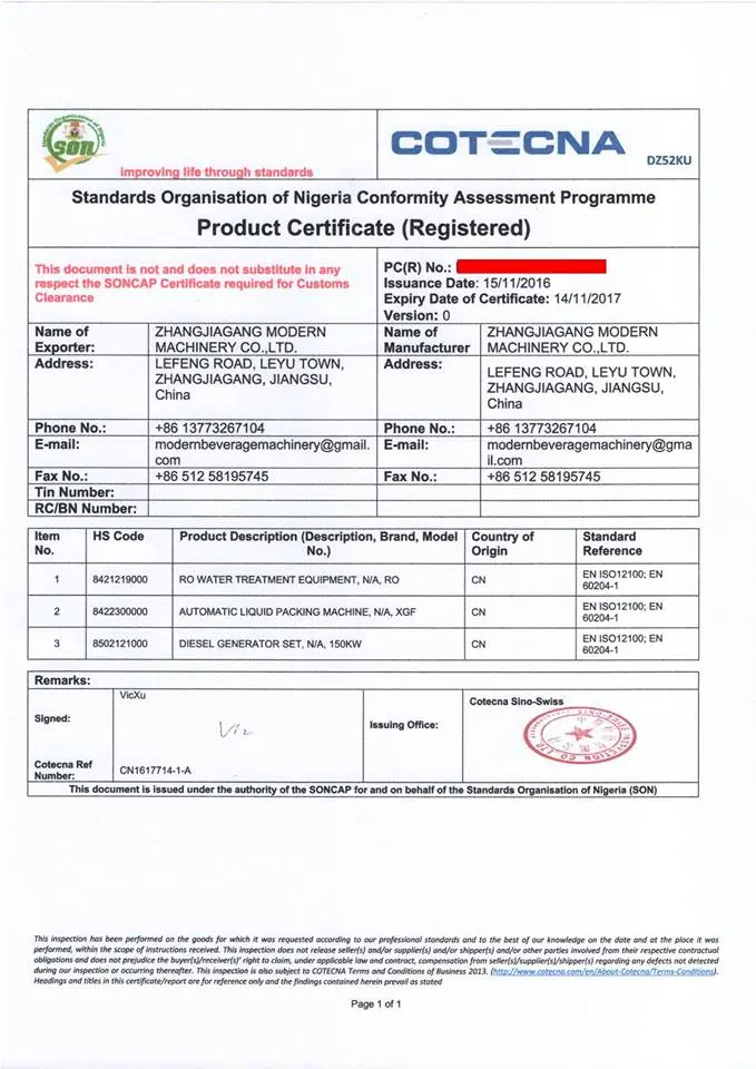 Product Certificate